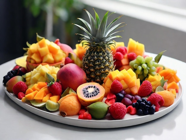 a tray of fruit including one of the fruits has a pineapple on it