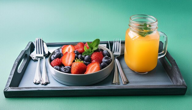 a tray of fruit and a jar of fruit on a green background