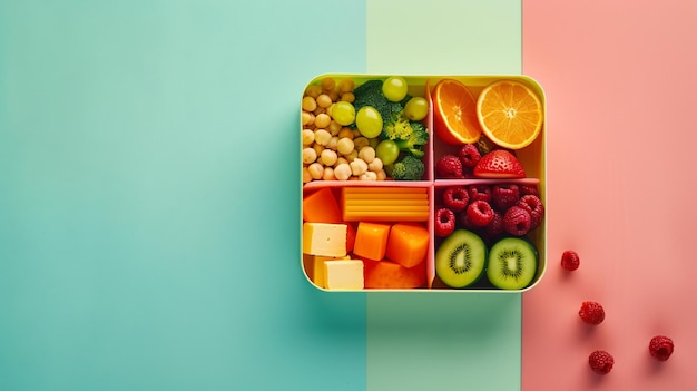 a tray of fruit and nuts is shown with a colorful background