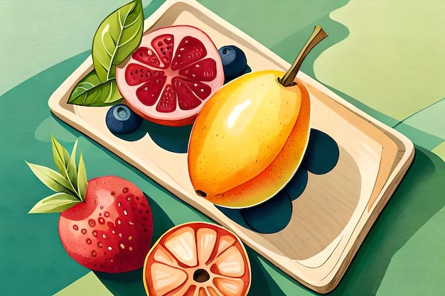 A tray of fruit with a fruit on it and a fruit on the bottom.