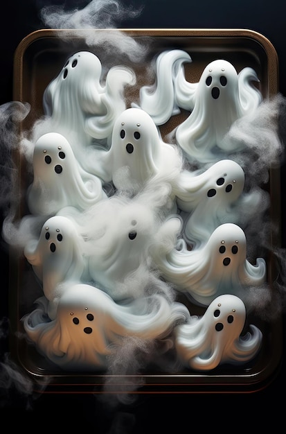 a tray of ghost cookies with white frosting