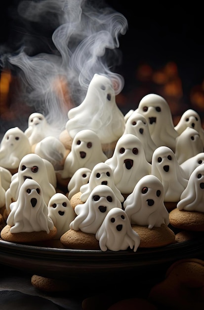 a tray of ghost cookies with white frosting