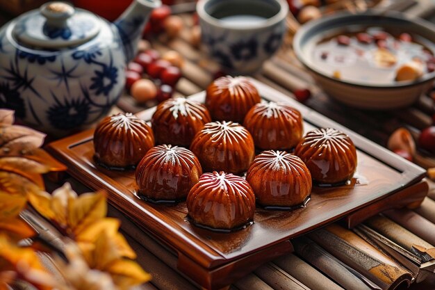 Photo a tray of gourds sits on a table with other items