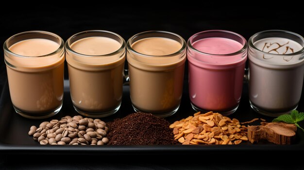 A Tray of Gourmet Hot Chocolates with Various Flavors