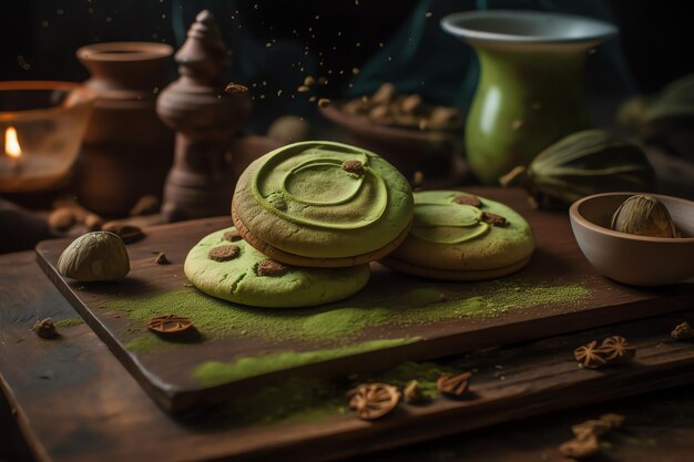 A tray of green tea cookies with pistachios on it