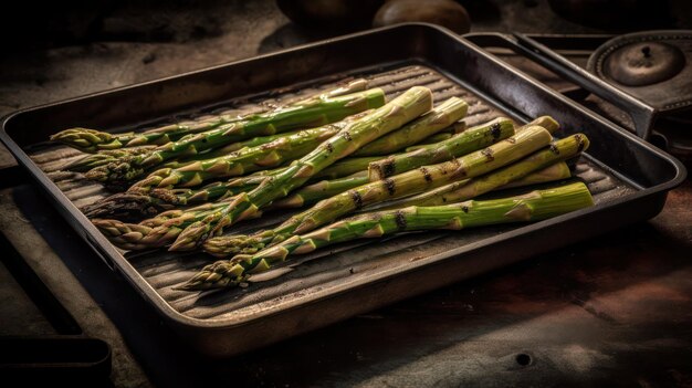 A tray of grilled asparagus sits on a grill.