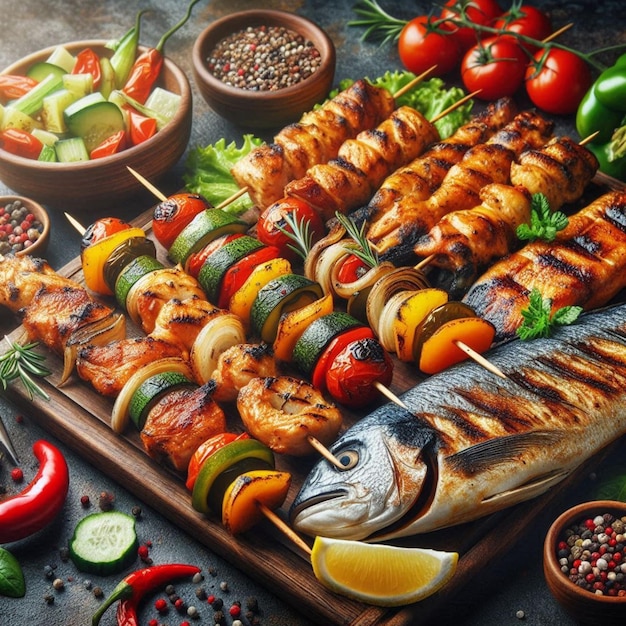 Photo a tray of grilled fish with vegetables and tomatoes