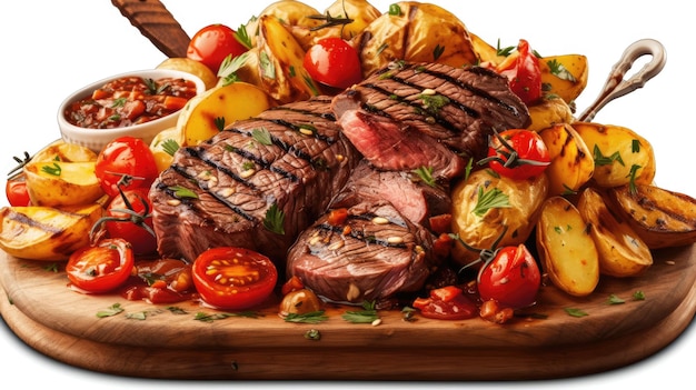 A tray of grilled meats with vegetables and tomatoes.