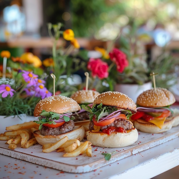 a tray of hamburgers with flowers and a few other items