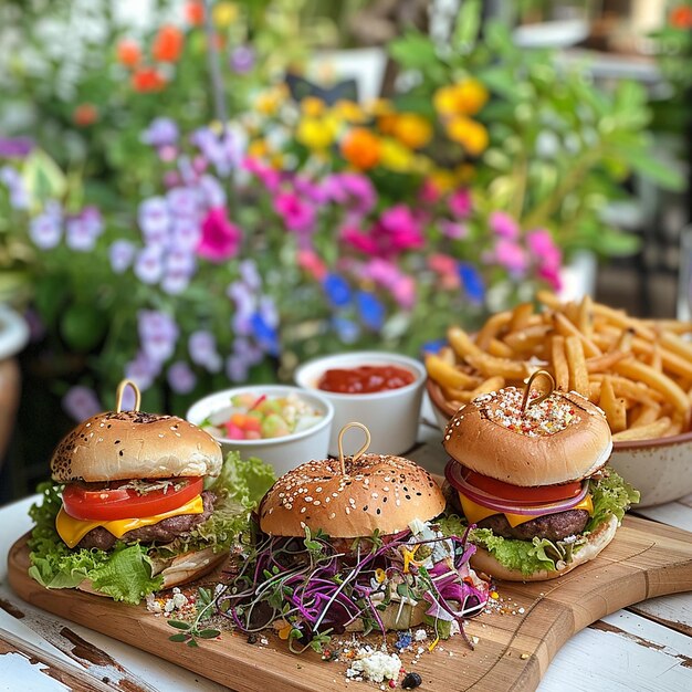 a tray of hamburgers with fries and a burger on it