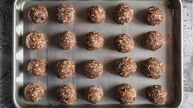 A tray of homemade energy balls made with dates nuts and seeds providing a natural source of protein and energy for active individuals