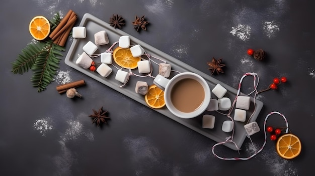 A tray of hot chocolate, marshmallows, and a cup of hot chocolate with cinnamon sticks on a dark background