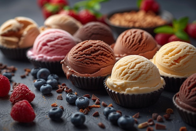 a tray of ice creams with blueberries and a blueberry ice cream cone