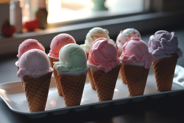 A tray of ice creams with one of them has a number of different flavors.