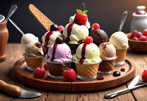 a tray of ice creams with a spoon and a spoon on it