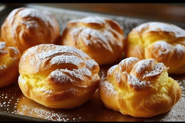 A tray of italian pastries with powdered sugar on top