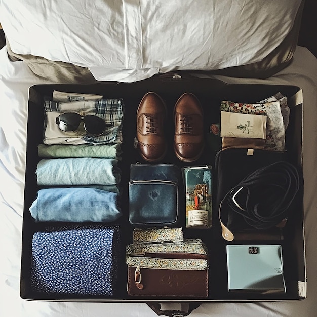 a tray of items including a pair of shoes a wallet and a wallet