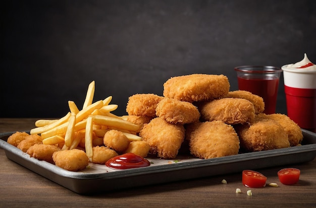 Tray of junk food fast food chicken nuggets and french fries