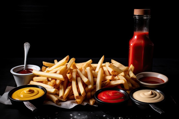 Tray of ketchup mustard and mayo next to pile of greasy french fries on black background