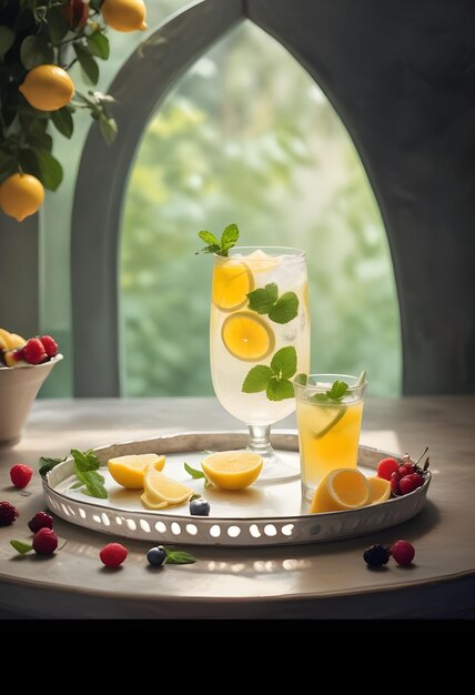 a tray of lemonade with fruit and berries on it