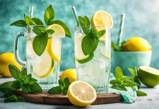 a tray of lemonade with lemons and mint leaves