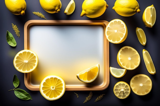 A tray of lemons and lemons on a black background