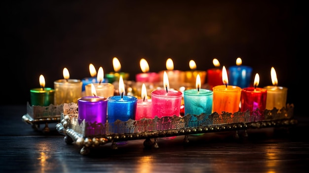 A tray of lit candles with the word diwali on it