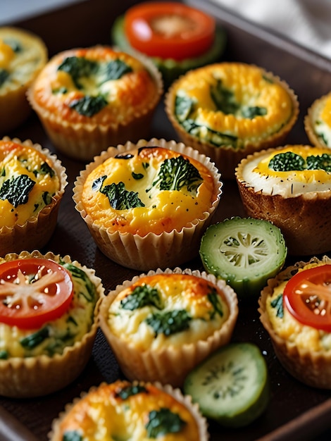 a tray of mini mini muffins with a tomato and cucumber on top