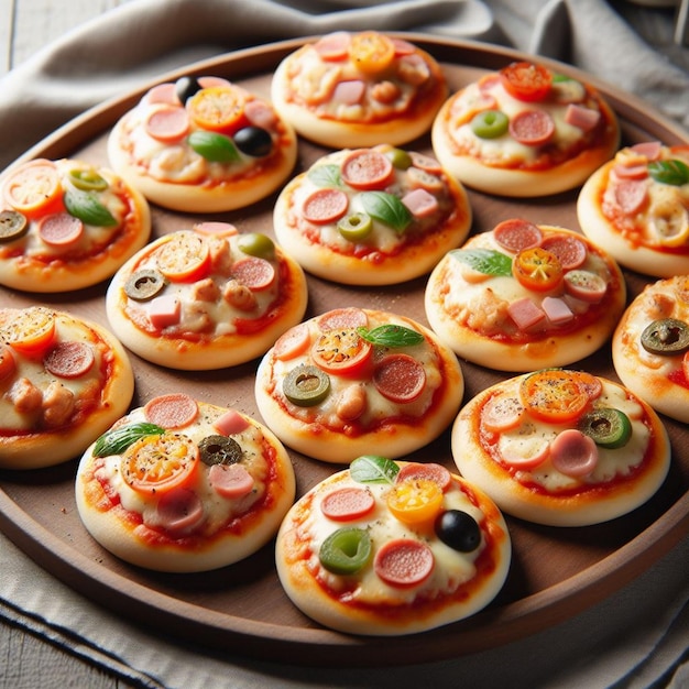 a tray of mini pizzas with different toppings on it