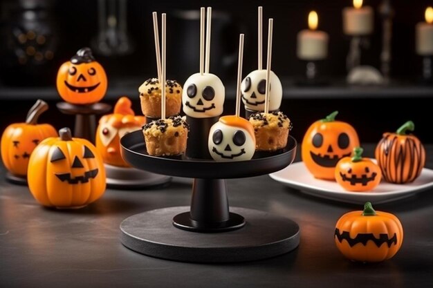 Photo a tray of mini pumpkins with candy on them and a plate of candy on it