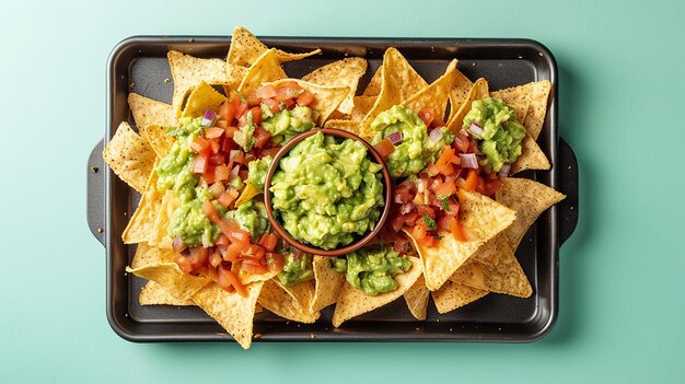 Photo a tray of nacho chips with a side of chips and salsa