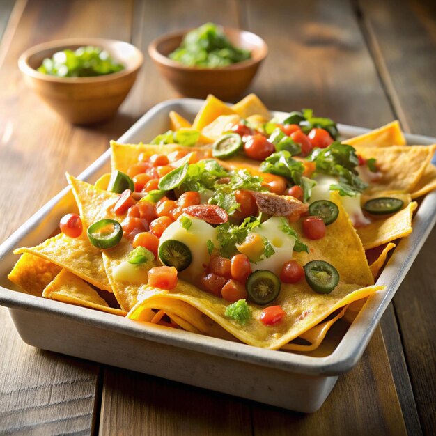 Photo a tray of nachos with corn and green peppers on it