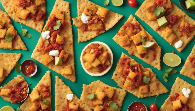 a tray of nachos with a variety of ingredients including tomatoes cheese and salsa