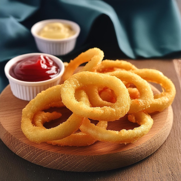 Photo a tray of onion rings with ketchup and ketchup