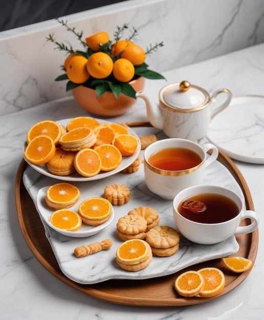 Photo a tray of oranges and tea with a cup of tea and oranges