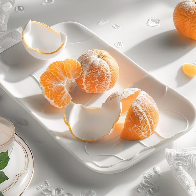 a tray of oranges with a white plate with a white plate with a white plate with a white plate with the oranges on it