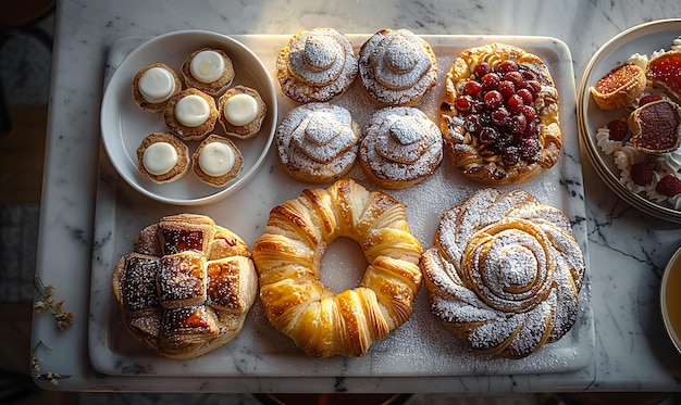 Photo a tray of pastries including croissants croissants and croissants