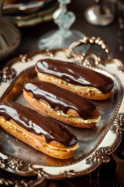 a tray of pastries with chocolate frosting and chocolate on top