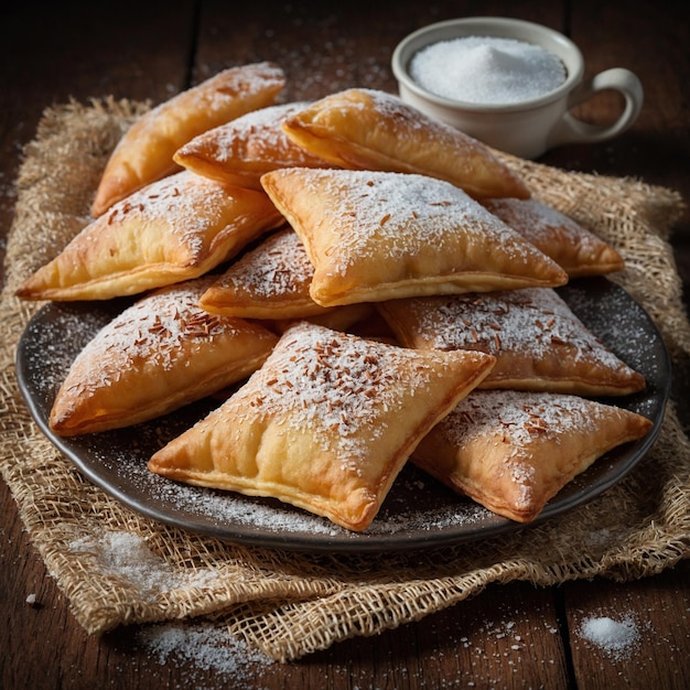 A tray of pastries with a cup of tea on a table