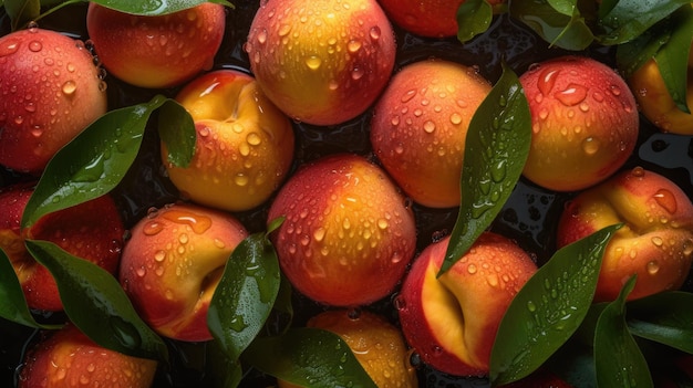 A tray of peaches with water droplets on them