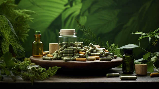 Photo a tray of pills and bottles of medicine on a table