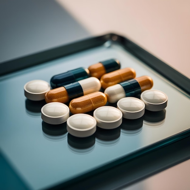 a tray of pills that are on a table