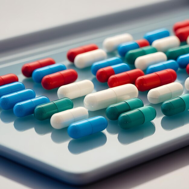 Photo a tray of pills with a blue and red capsule