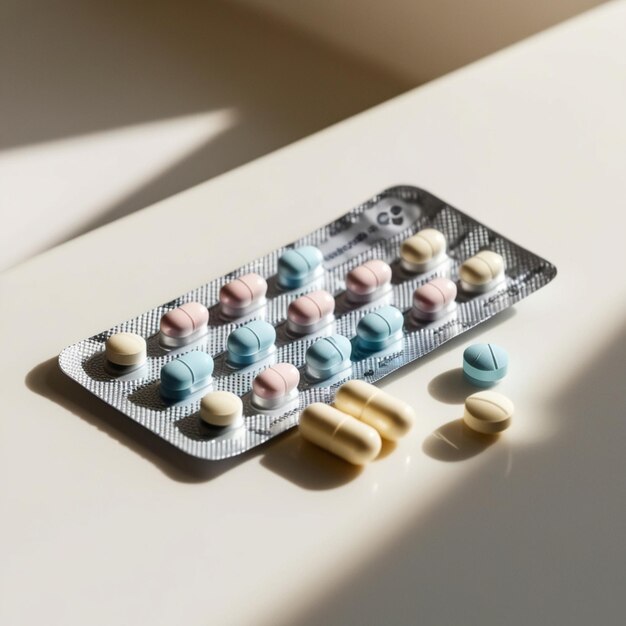 a tray of pills with a cell phone and a box of pills