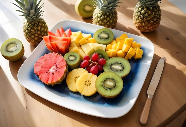 a tray of pineapples pineapples and kiwi on a wooden table