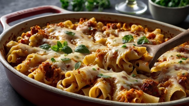 Tray of piping hot pasta bake isolated on an angle for dinner