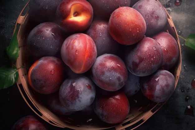 Tray of plums in a basket