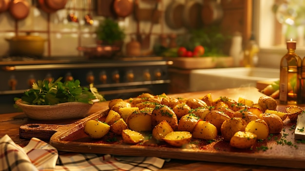 a tray of potatoes with a plate of potatoes and some vegetables on a table