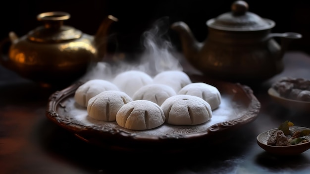 A tray of powdered sugar buns with a teapot in the background