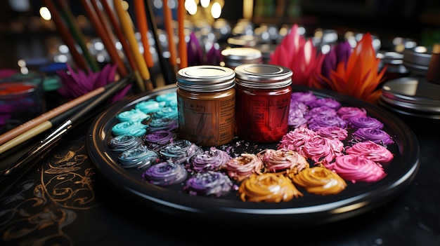 A tray of purple and blue flowers with the word " on it.